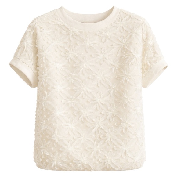 First Love Tops - Mesh Flower Round Neck Short Sleeve Top